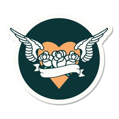 Geleneksel kalp stili dövme çıkartması. Kanatları, çiçekleri ve afişi var.