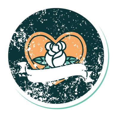 İkonik ıstıraplı dövme stili kalp gülü ve bayrağın görüntüsü 