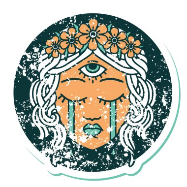 İkonik ıstıraplı dövme stili mistik üçüncü gözü ağlayan kadın yüzü.