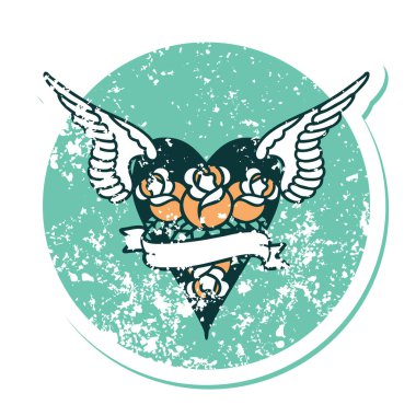 Çiçek ve bayrak taşıyan uçan bir kalbin ikonik kederli dövme görüntüsü