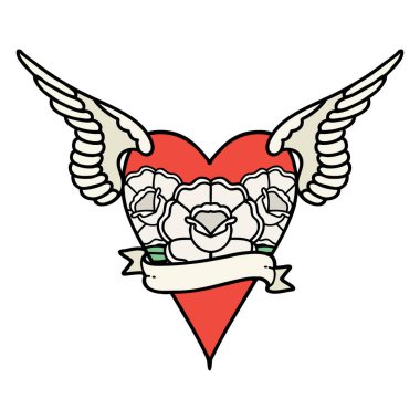 Geleneksel bir kalp dövmesi Çiçek ve bayrak ile uçan