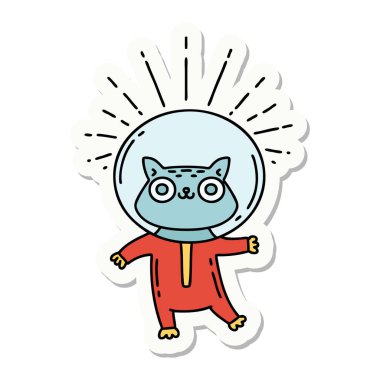 Astronot kostümlü dövme stili bir kedinin çıkartması.