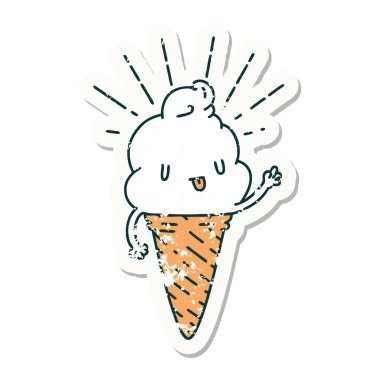 Dövme stili eski bir çıkartma. Dondurma karakteri el sallıyor.