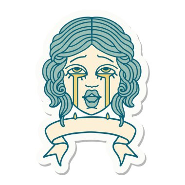 Dövme stili çıkartma. Ağlayan mutlu bir kadın yüzü var.