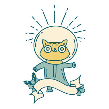 Astronot kostümlü dövme stili kedili parşömen.