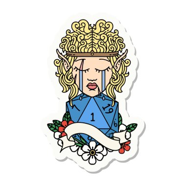 Hüzünlü bir elf barbarının çıkartması. Doğal bir D20 yuvarlak yüzlü.