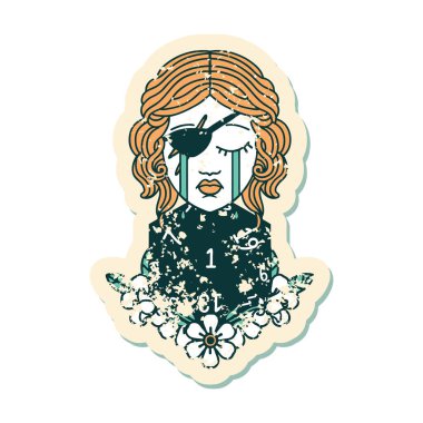 Ağlayan bir insan haylazının grunge çıkartması ve doğal bir d20 rulo