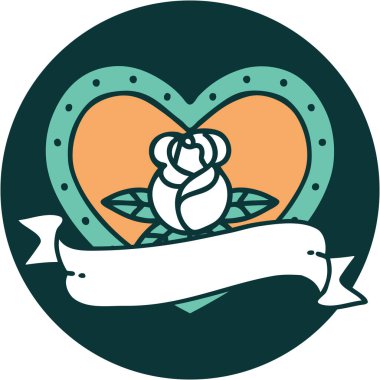 İkonik dövme tarzı bir kalp gülü ve bayrağının görüntüsü 