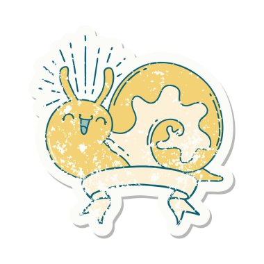 Dövme stili eski bir çıkartma. Mutlu salyangoz.