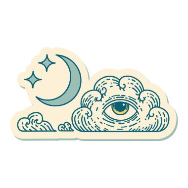 Geleneksel ay yıldızları ve bulut stili dövme çıkartması