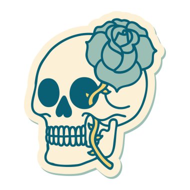 Geleneksel kafatası ve gül stili dövme çıkartması.