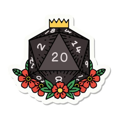 Doğal bir 20 D20 zarının çıkartması. Çiçekli elementlerle birlikte.