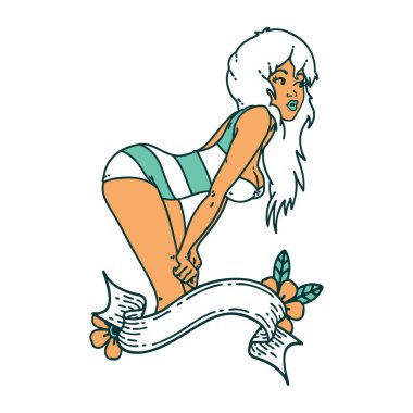 Yüzme kostümlü, pankartlı bir kızın ikonik dövme görüntüsü.