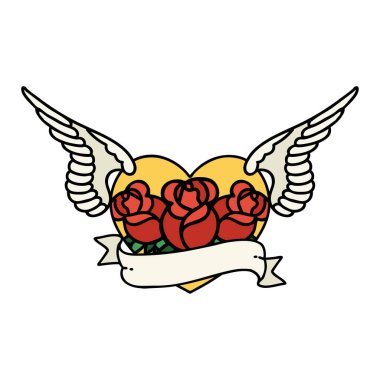 Geleneksel bir kalp dövmesi Çiçek ve bayrak ile uçan