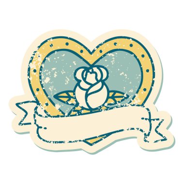 İkonik ıstıraplı dövme stili kalp gülü ve bayrağın görüntüsü 