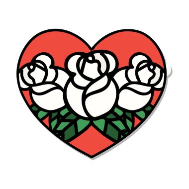 Geleneksel kalp ve çiçek stiliyle dövme çıkartması.