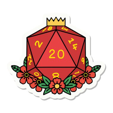 Doğal bir 20 D20 zarının çıkartması. Çiçekli elementlerle birlikte.