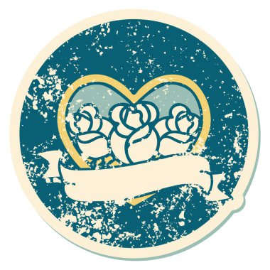 ikonik sıkıntılı dövme stili bir kalp ve çiçekli pankart