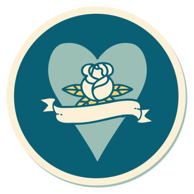 Dövme çıkartması geleneksel tarz bir kalp gülü ve bayrağı 