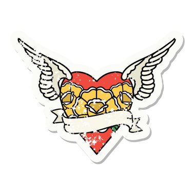 Kanatları, çiçekleri ve sancağıyla geleneksel kalp şeklinde dövmesi var.