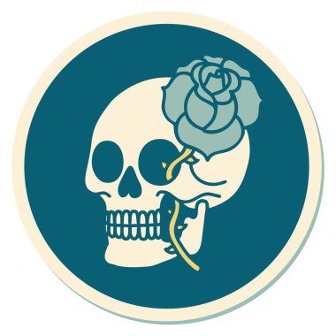 Geleneksel kafatası ve gül stili dövme çıkartması.