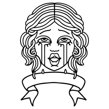 Geleneksel siyah çizgi dövmesi. Mutlu ağlayan bir kadın yüzü dövmesi.