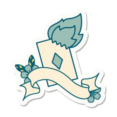 Yanan bir kartın pankartına sahip dövme stili çıkartması