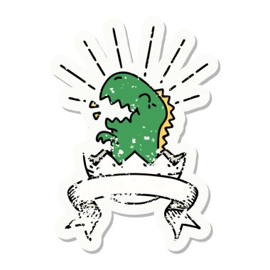 Yumurtadan çıkan bir dinozor dövmesinin eski bir çıkartması.