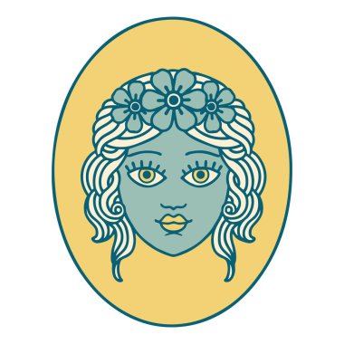 İkonik dövme stili. Çiçekten taç takan bir bakire resmi.