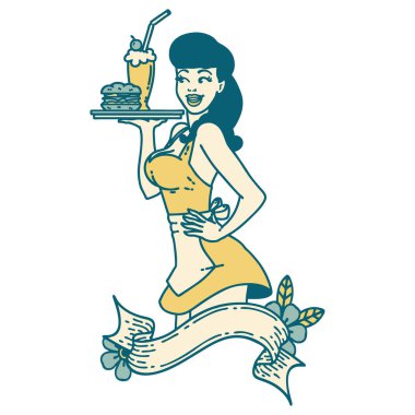 Geleneksel stil dövmeli pankartlı garson kız dövmesi.