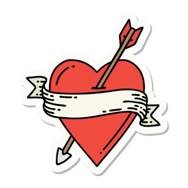 Oklu kalp ve pankartın geleneksel stiliyle dövme çıkartması