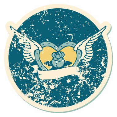 Çiçek ve bayrak taşıyan uçan bir kalbin ikonik kederli dövme görüntüsü