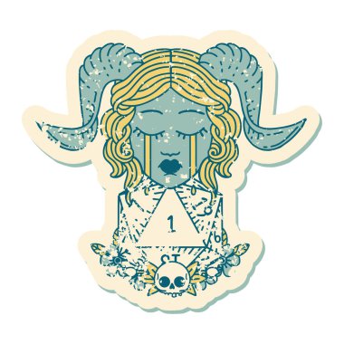 Ağlama çıkartması. Doğal bir D20 zarla bağlanmış.