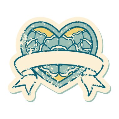 ikonik sıkıntılı dövme stili bir kalp ve çiçekli pankart