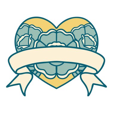 ikonik dövme stili bir kalp ve çiçekli pankart