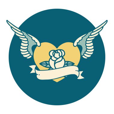 Çiçek ve bayrak taşıyan uçan bir kalbin ikonik dövme görüntüsü