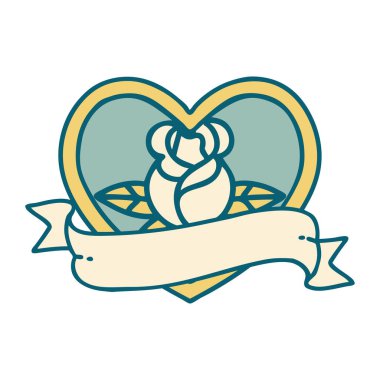 İkonik dövme tarzı bir kalp gülü ve bayrağının görüntüsü 