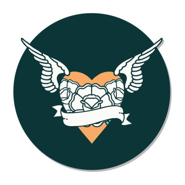 Geleneksel kalp stili dövme çıkartması. Kanatları, çiçekleri ve afişi var.