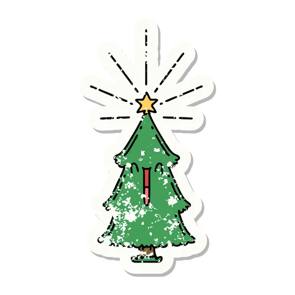 Etiqueta Velha Desgastada Uma Árvore Natal Estilo Tatuagem Com Estrela —  Vetores de Stock