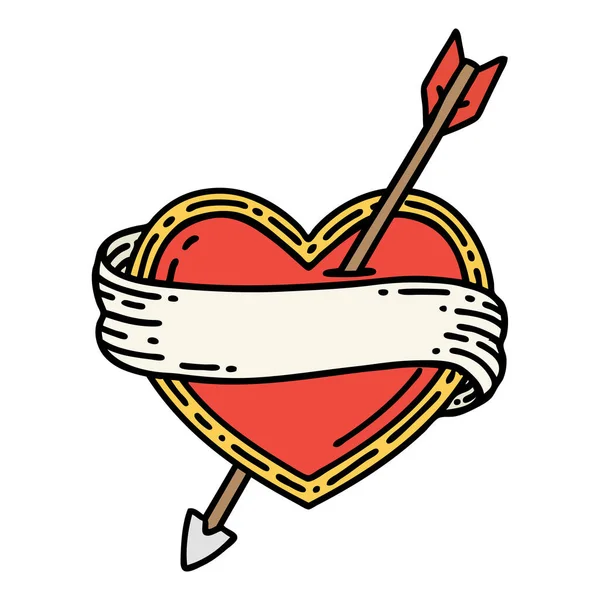 Tatuaje Estilo Tradicional Corazón Flecha Bandera — Vector de stock