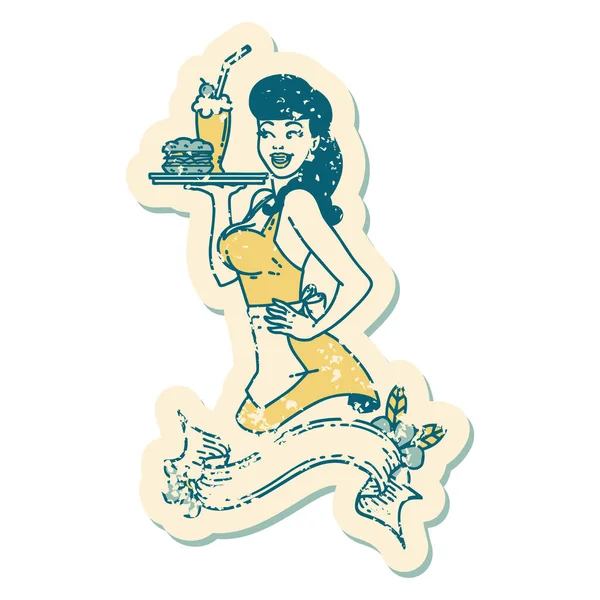 Стресова Наклейка Татуювання Традиційному Стилі Дівчини Офіціантки Банером — стоковий вектор