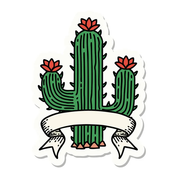 Autocollant Style Tatouage Avec Bannière Cactus — Image vectorielle