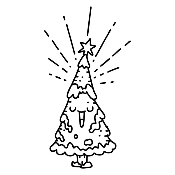 Illustrazione Tradizionale Albero Natale Felice Stile Tatuaggio Linea Nera — Vettoriale Stock