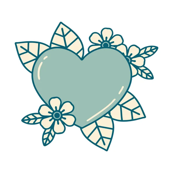 植物の心臓の象徴的なタトゥースタイルのイメージ — ストックベクタ