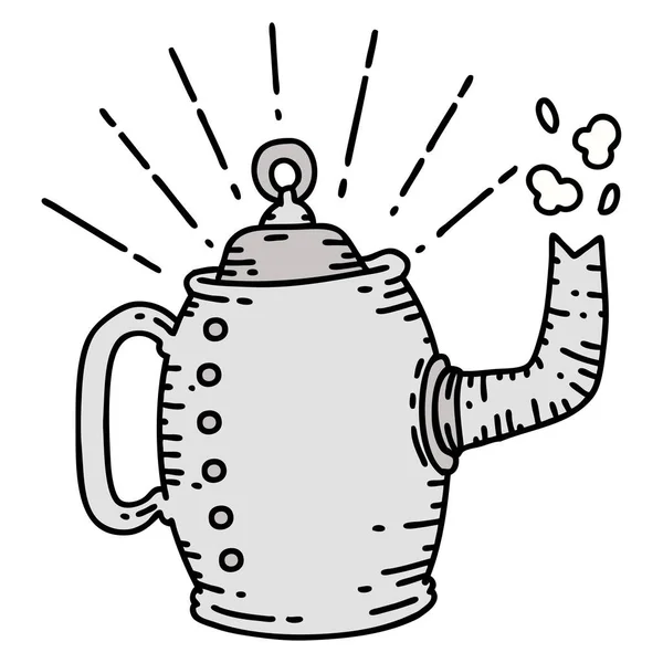 伝統的なタトゥースタイルの古いコーヒーポット蒸しのイラスト — ストックベクタ