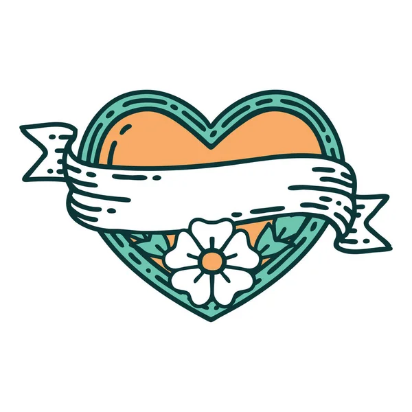 Imagen Icónica Del Estilo Del Tatuaje Corazón Bandera Con Flores — Vector de stock