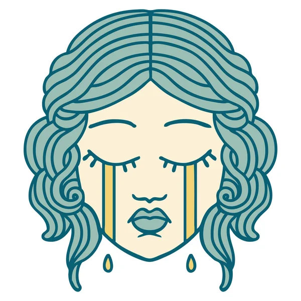 Icónica Imagen Estilo Tatuaje Cara Femenina Llorando — Vector de stock