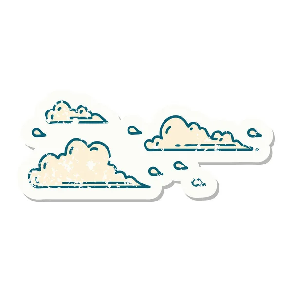 Versleten Oude Sticker Van Een Tattoo Stijl Drijvende Wolken — Stockvector