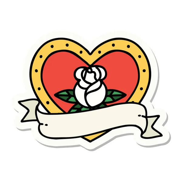 Наклейка Татуювання Традиційному Стилі Серцевої Троянди Банера — стоковий вектор