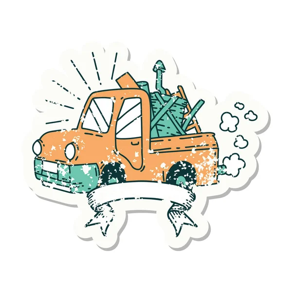 Worn Old Sticker Tattoo Style Truck Carrying Junk — Stock Vector
